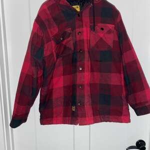 Brazos Hooded Quilted Flannel Shirt Jacket, Red Buffalo Plaid, Size L
